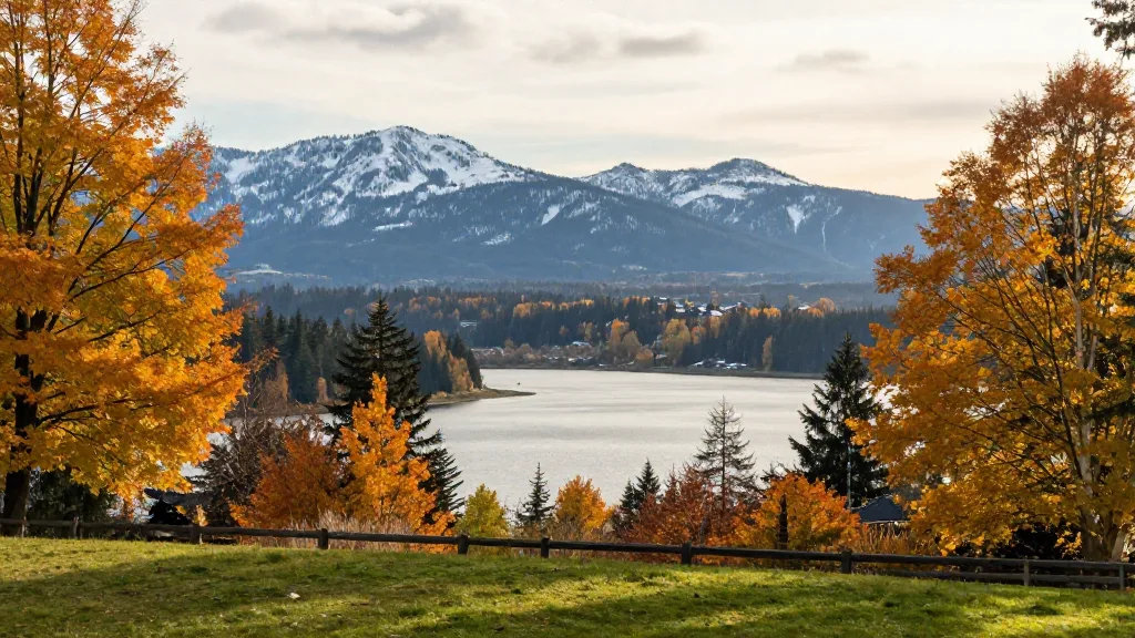 Burnaby Mountain Park viewpoint looking over Burrard Inlet with autumn colour in the foreground