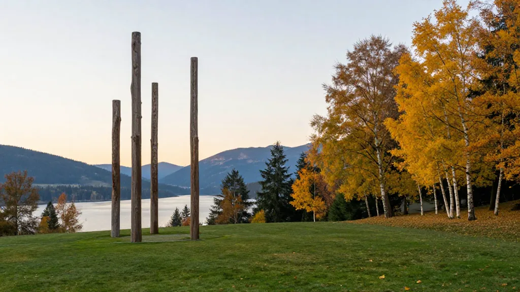 Rose garden lawn on Burnaby Mountain with tall carved wooden poles and fall trees