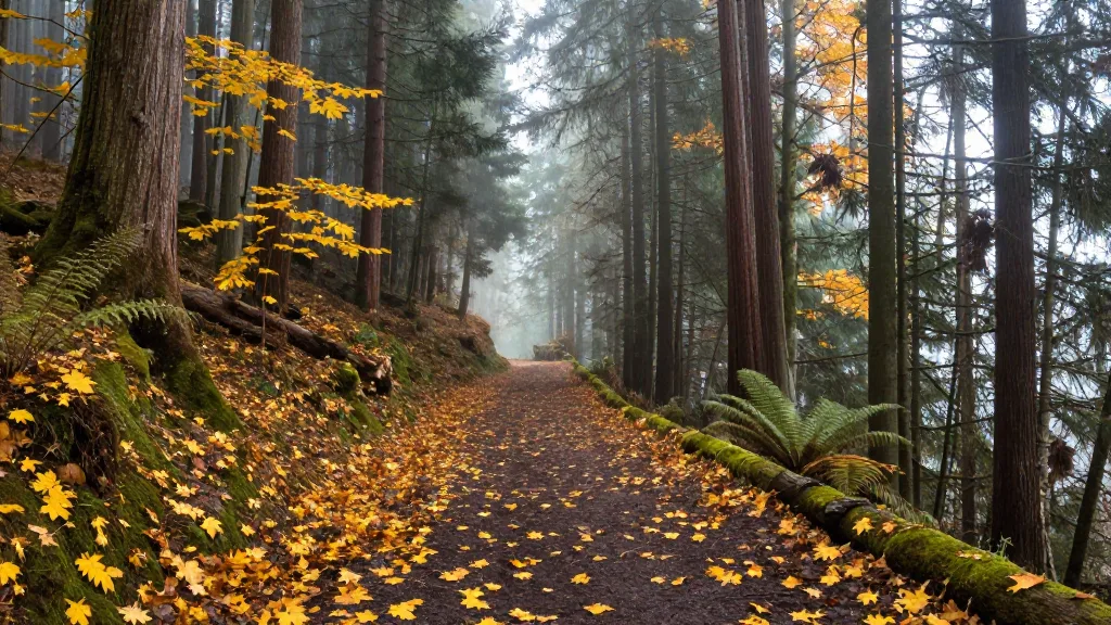 Forest trail on Burnaby Mountain with yellow maple leaves on the ground and tall Douglas firs