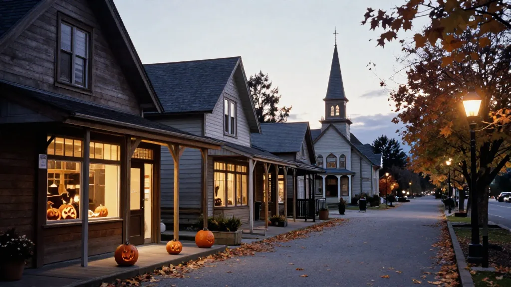 Heritage village street at dusk with pumpkins on porches and warm lamp light