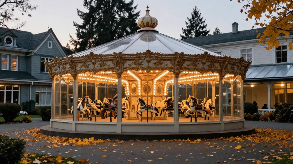 Vintage carousel glowing in an autumn evening with fallen leaves