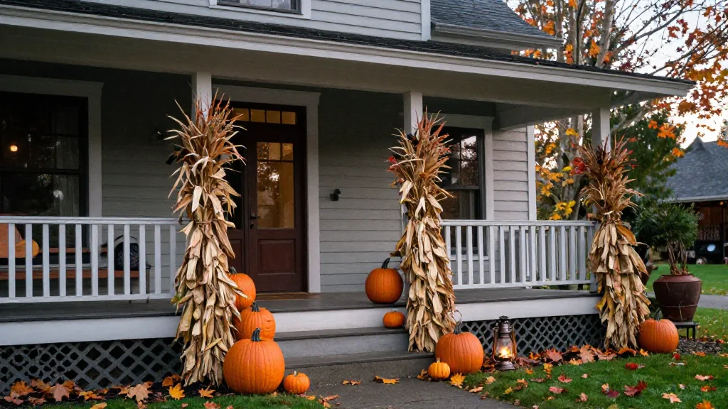 Old farmhouse porch decorated with pumpkins, corn stalks and lanterns