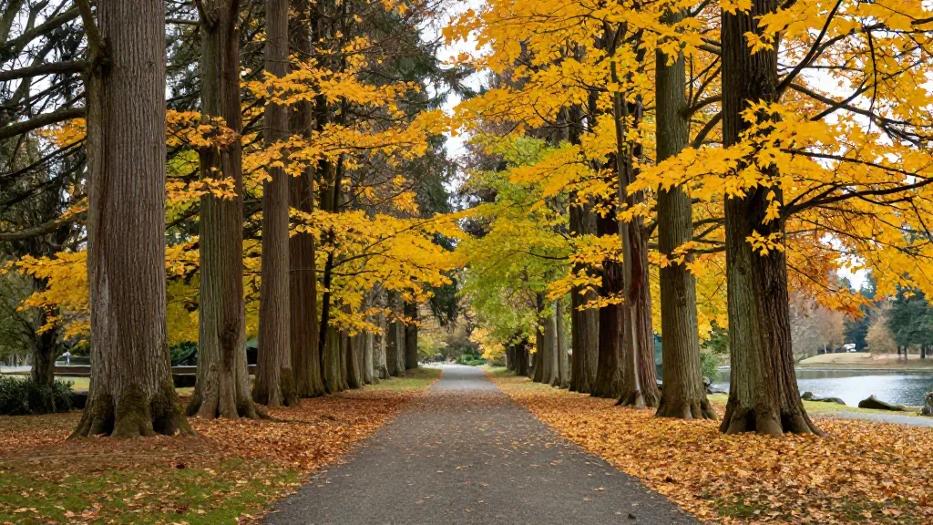 Tall Douglas firs and golden maples along a wide trail in Central Park, Burnaby