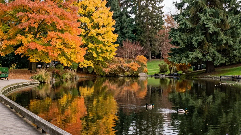 Small pond in Central Park, Burnaby with ducks and orange autumn trees reflected in the water