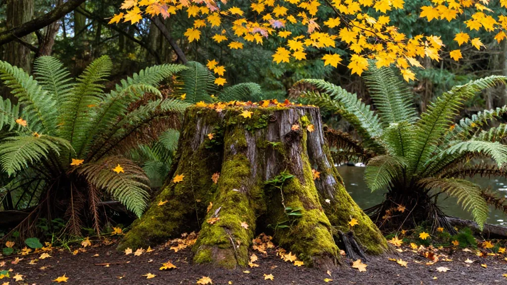 Mossy stump and ferns under cedars in Central Park with yellow leaves scattered around