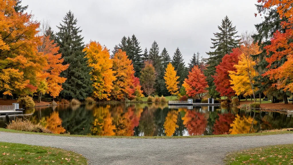 Como Lake in Coquitlam ringed by orange and yellow autumn trees reflected in still water