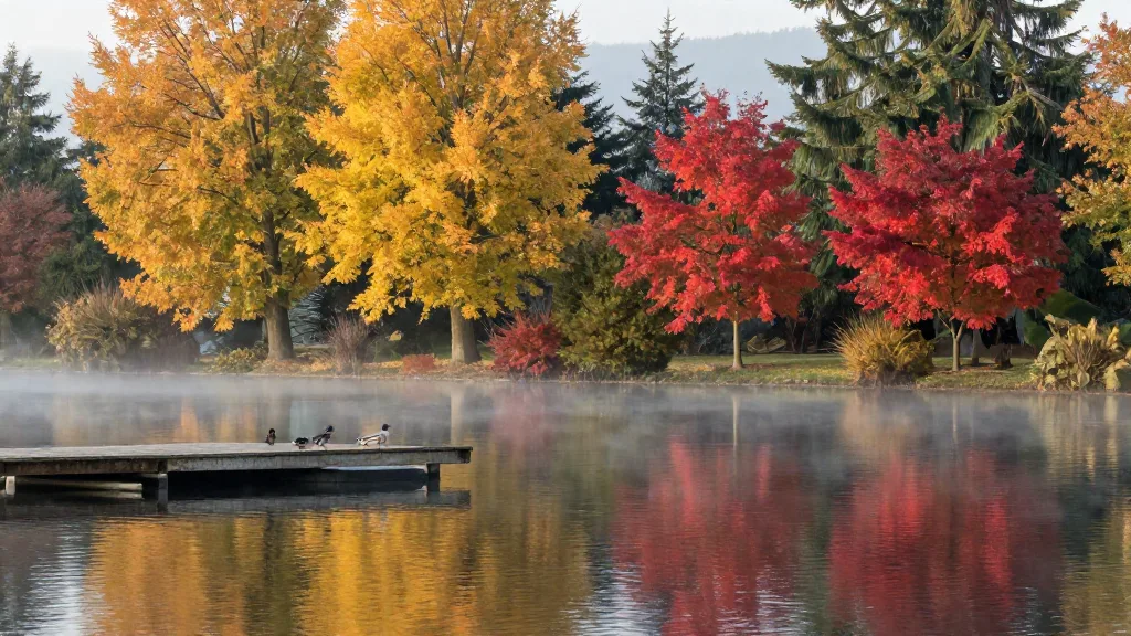 Wooden dock on Como Lake with ducks and golden trees on the far shore