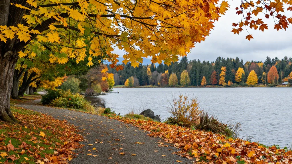 Loop trail around Como Lake carpeted with fallen maple leaves