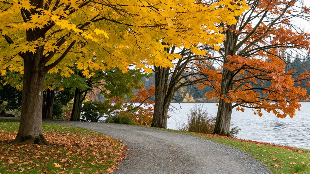 Gravel walking path at Deer Lake Park under a canopy of yellow and orange autumn leaves