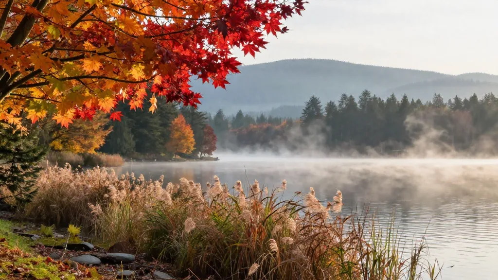 Low shoreline view of Deer Lake with red foliage in the foreground and mist over the water