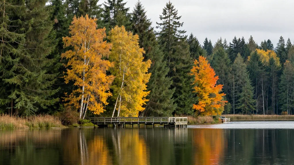 Green Timbers Lake in Surrey surrounded by autumn forest with a wooden fishing pier