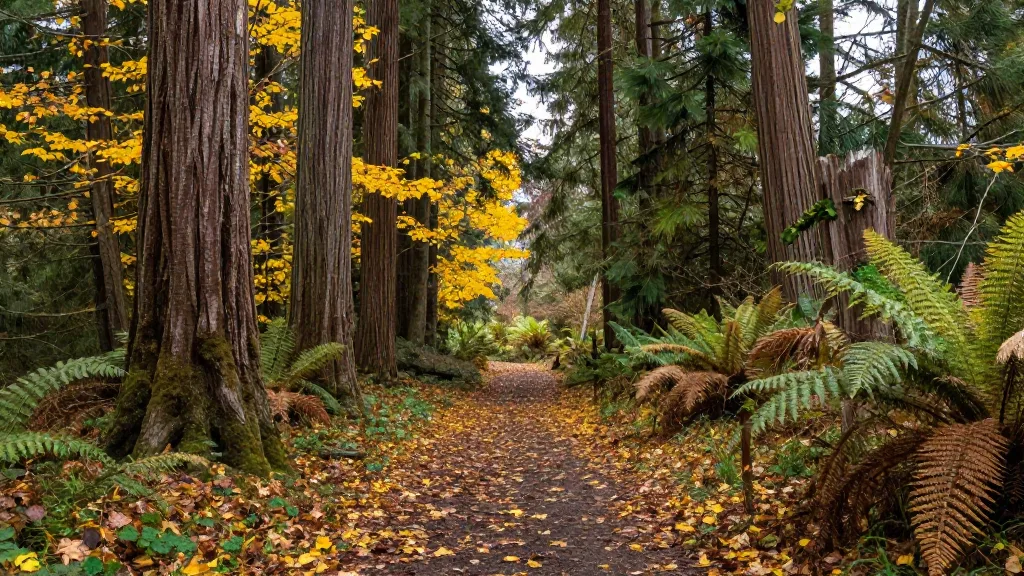 Forest trail in Green Timbers Urban Forest covered in yellow leaves under tall trees