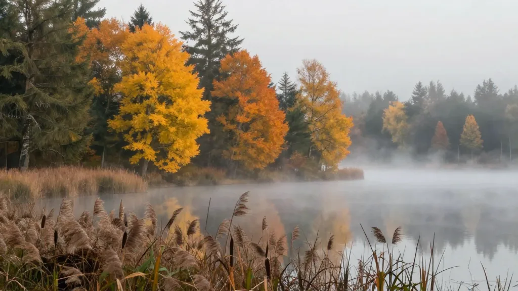 Misty morning at Green Timbers Lake with reeds and autumn colour on the far shore