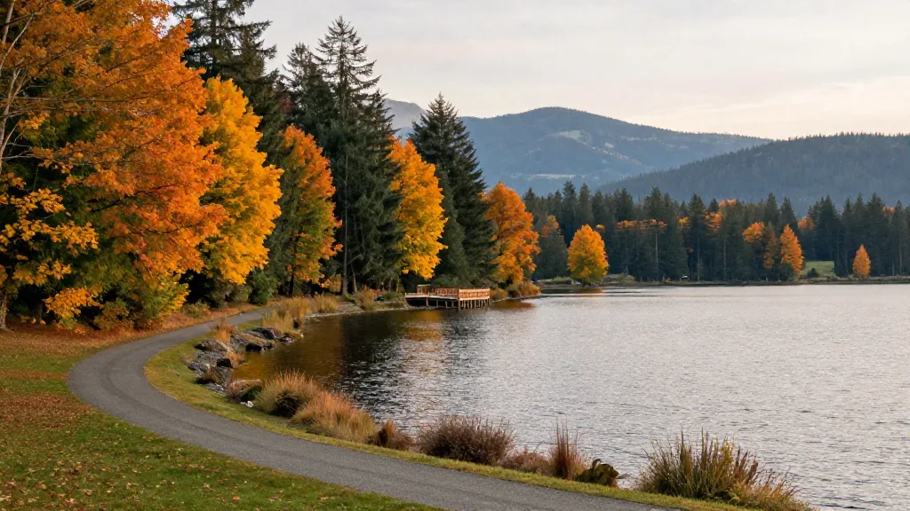 Lafarge Lake in Coquitlam with autumn trees on the shore and a paved loop trail