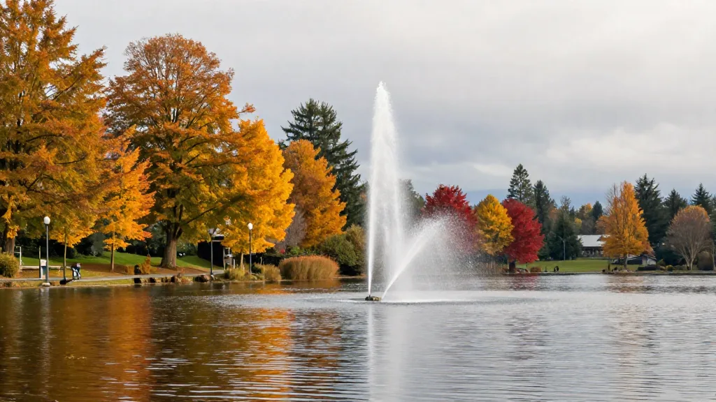 Fountain on Lafarge Lake with golden trees and reflections on a calm autumn day