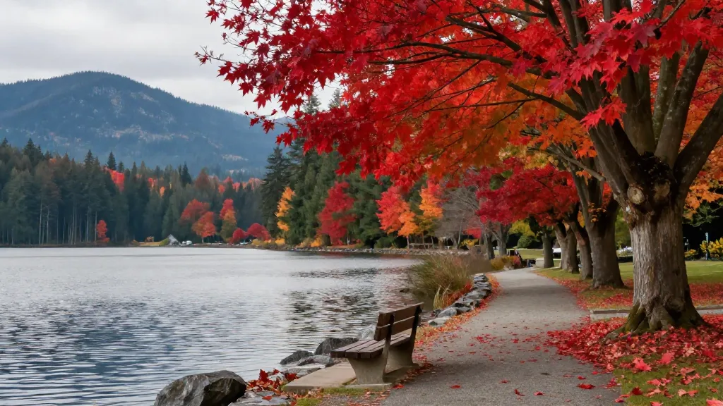 Lakeside path at Lafarge Lake with red maples and a bench facing the water