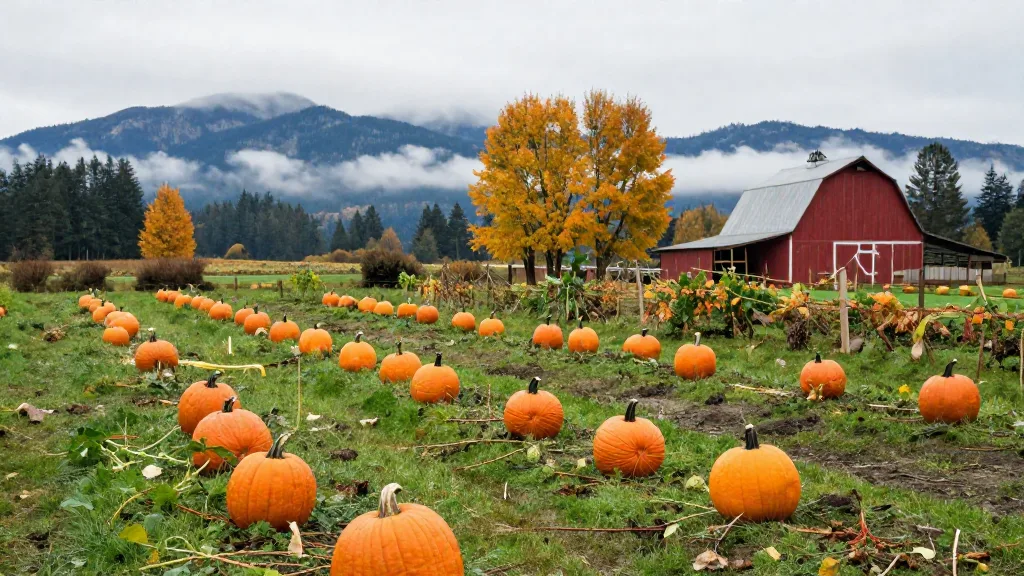 Rows of bright orange pumpkins on a Maple Ridge farm field with misty hills behind