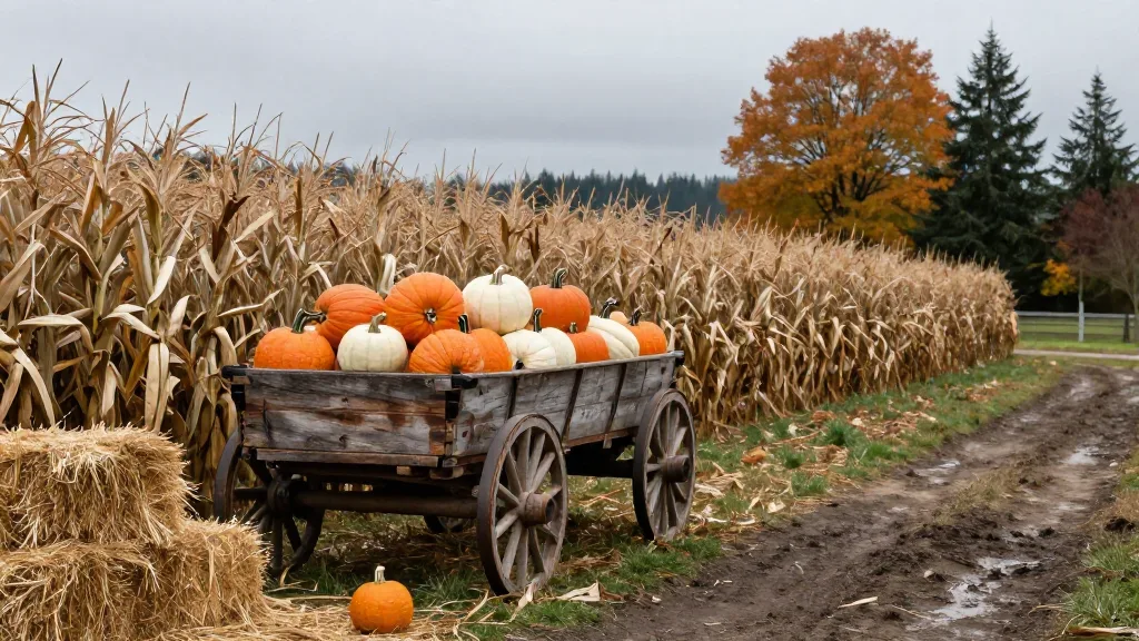 Wooden farm wagon loaded with pumpkins beside a corn maze entrance