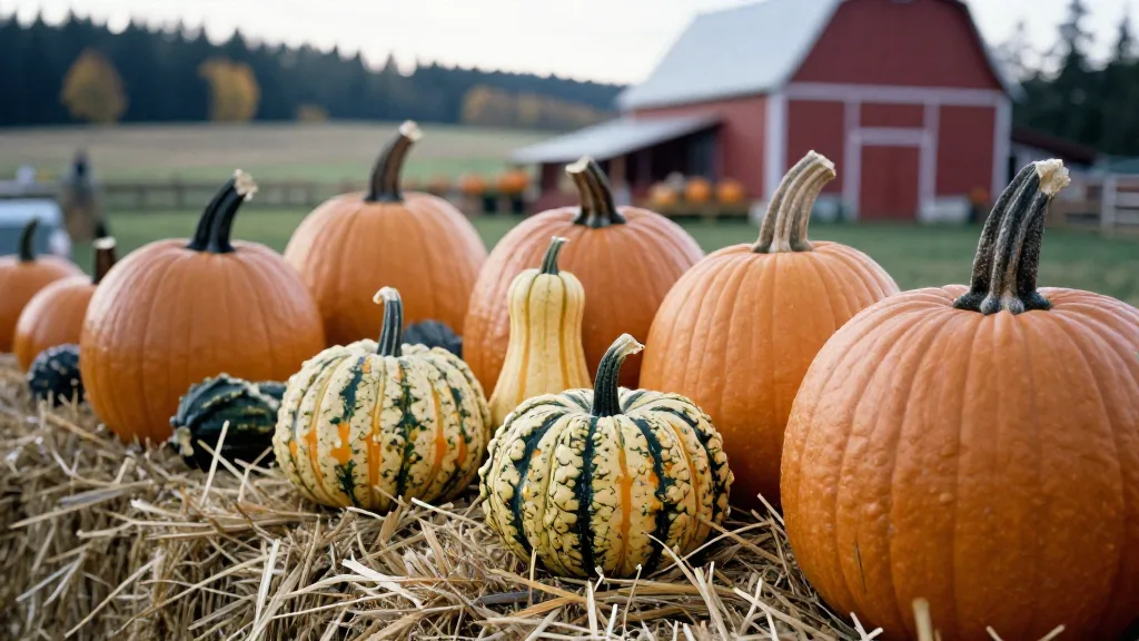 Close view of pumpkins and gourds on straw with a farm field blurred behind