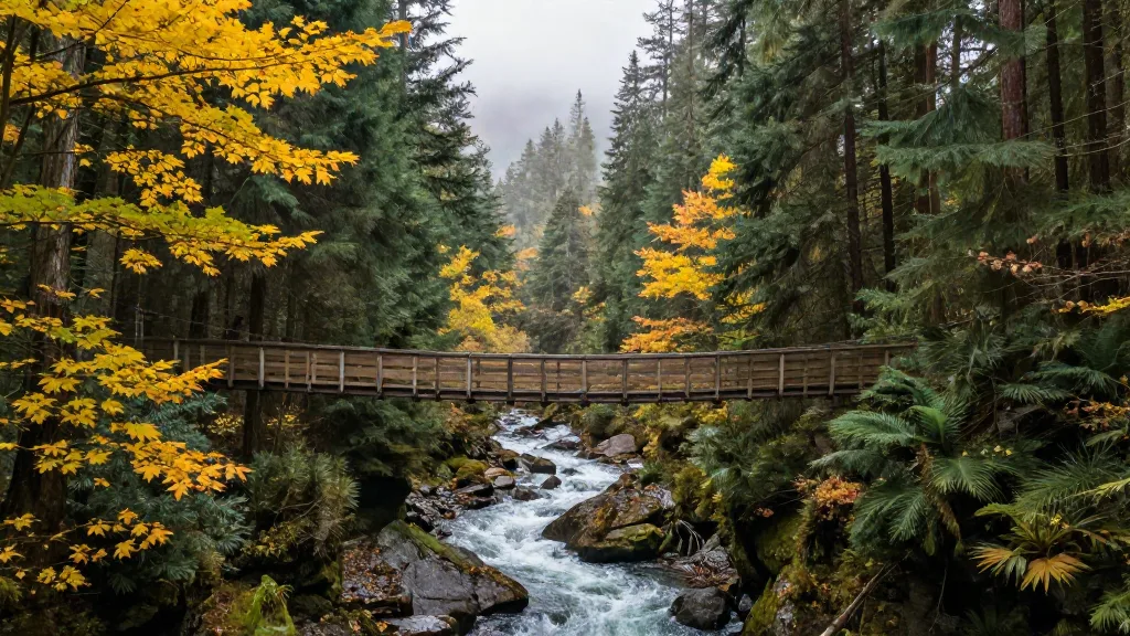 Lynn Canyon suspension bridge over a forest canyon with yellow maple leaves in autumn