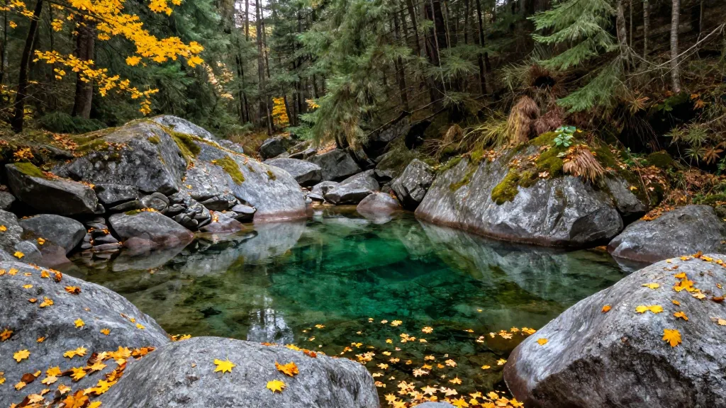 Clear green pool in Lynn Creek with mossy boulders and fallen yellow leaves