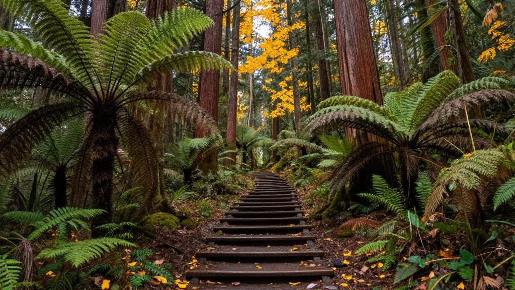 Rainforest trail in Lynn Canyon with wooden stairs, ferns and golden light
