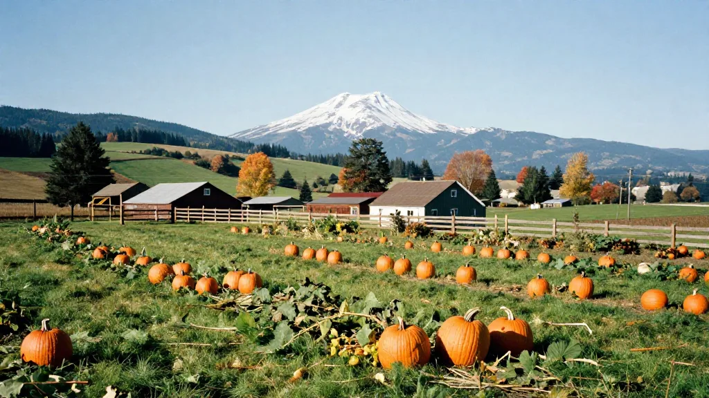 Pumpkin patch at an Abbotsford farm with a snow-capped peak in the distance