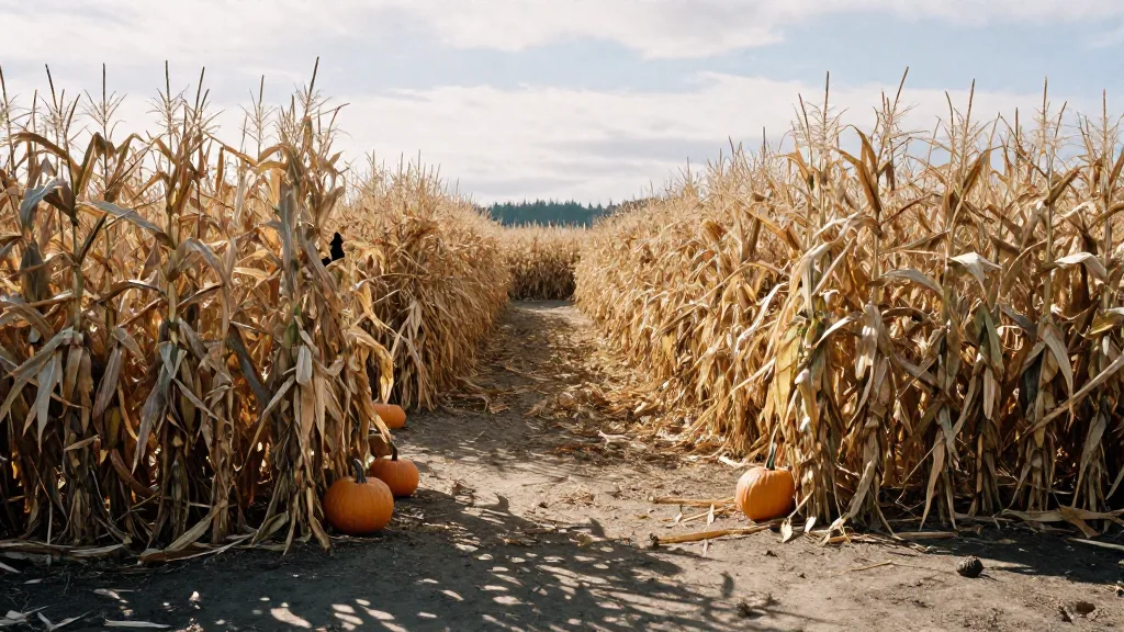Towering corn maze walls with a dirt path leading inside
