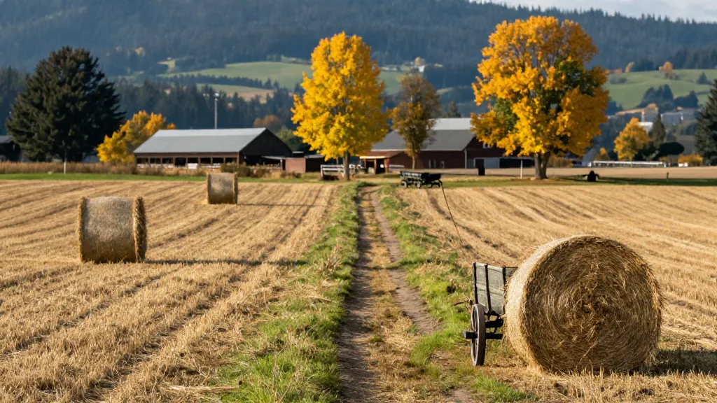Farm wagon ride path through autumn fields with hay bales