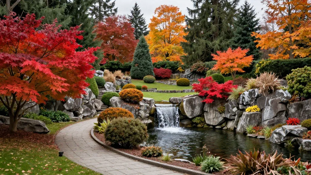 Quarry Garden at Queen Elizabeth Park in autumn with red Japanese maples and a small waterfall