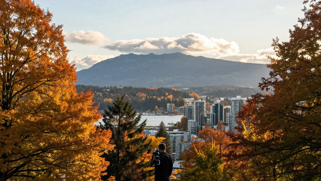 View from the top of Queen Elizabeth Park across Vancouver to the North Shore mountains in fall