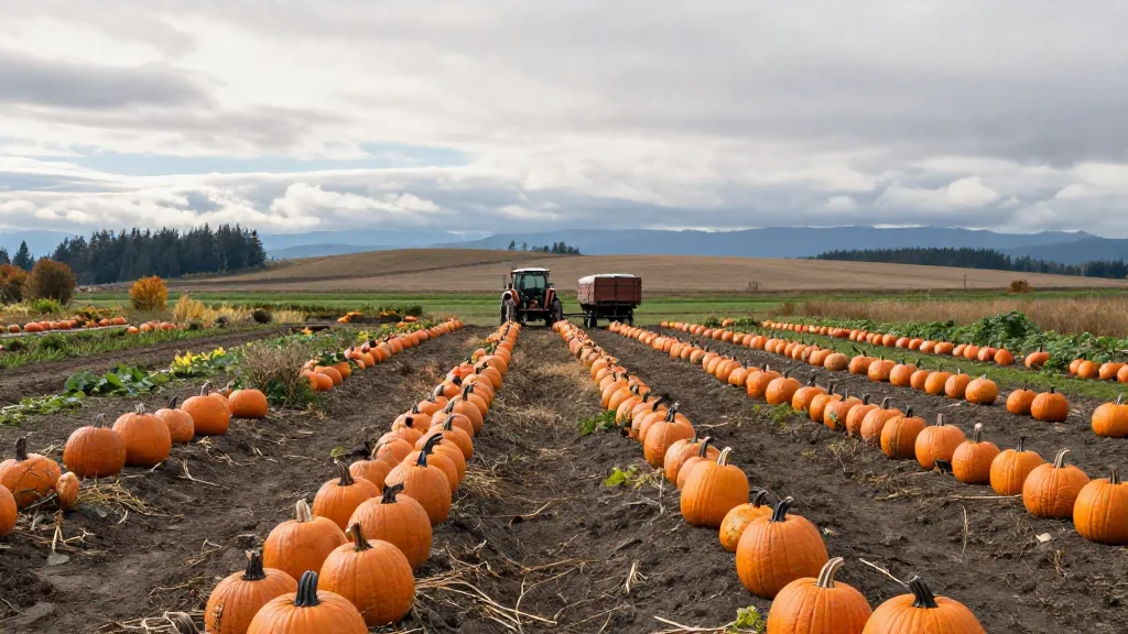Pumpkin patch in Richmond with rows of pumpkins and a tractor-pulled wagon in the distance