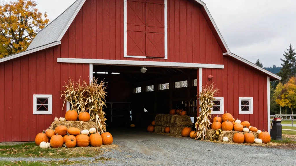 Red barn with pumpkins stacked at the entrance and autumn decor