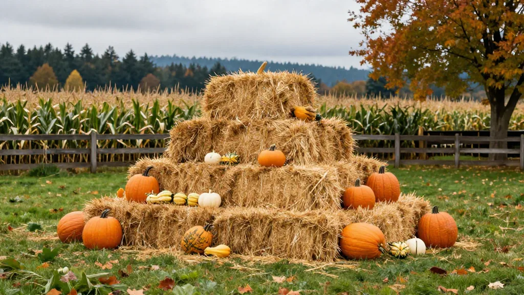 Hay bale pyramid and pumpkins on a farm lawn