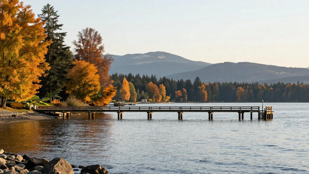 Rocky Point Park pier in Port Moody stretching into Burrard Inlet with autumn trees on shore