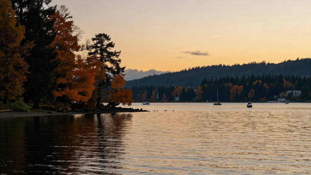 Autumn view across the inlet from Rocky Point Park at sunset with calm water