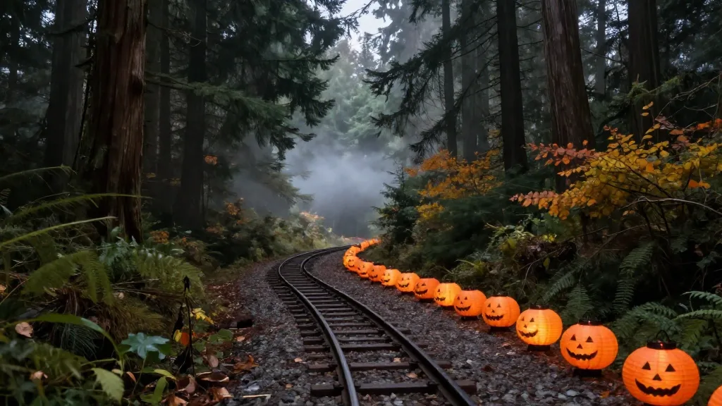 Miniature train track winding through dark Stanley Park forest lit with orange lanterns