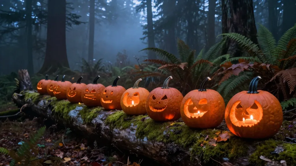 Jack-o-lanterns glowing on a mossy log in a misty forest