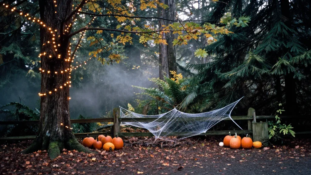 Forest clearing with string lights and spooky decor at night