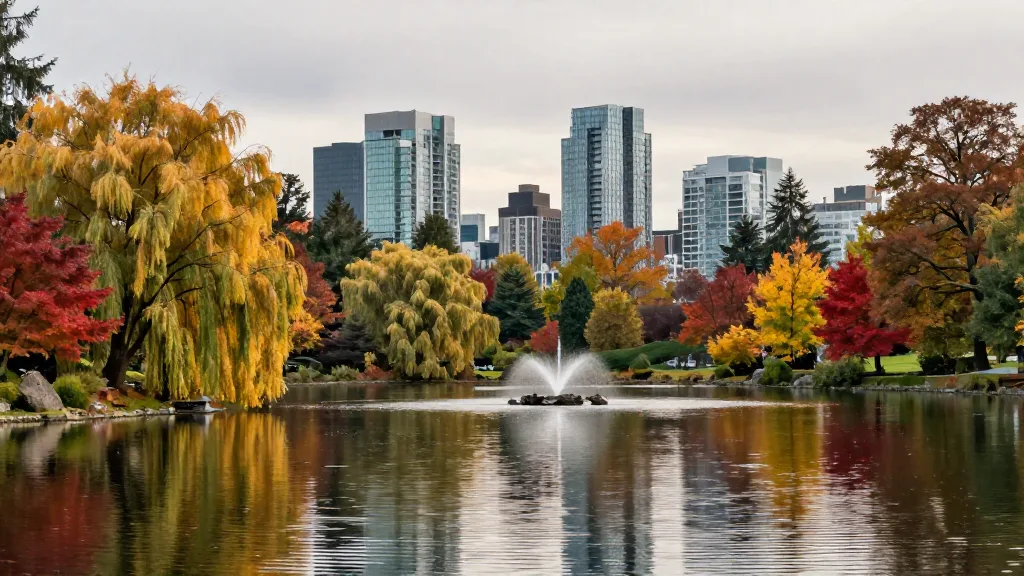 Lost Lagoon in Stanley Park with autumn trees reflected and the Vancouver skyline behind