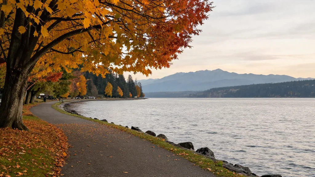 Stanley Park seawall path in autumn with yellow leaves and the water of Burrard Inlet