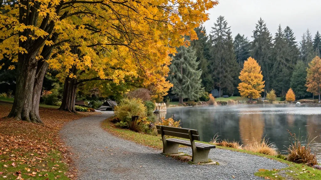 Gravel path around Lost Lagoon under tall golden trees with a wooden bench
