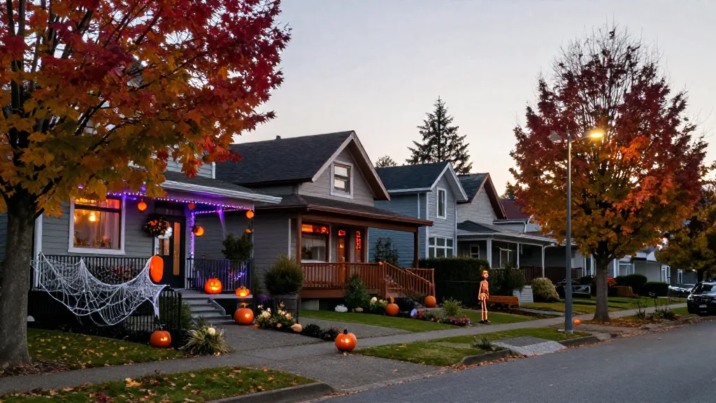 Residential street in East Vancouver with houses decorated for Halloween at dusk