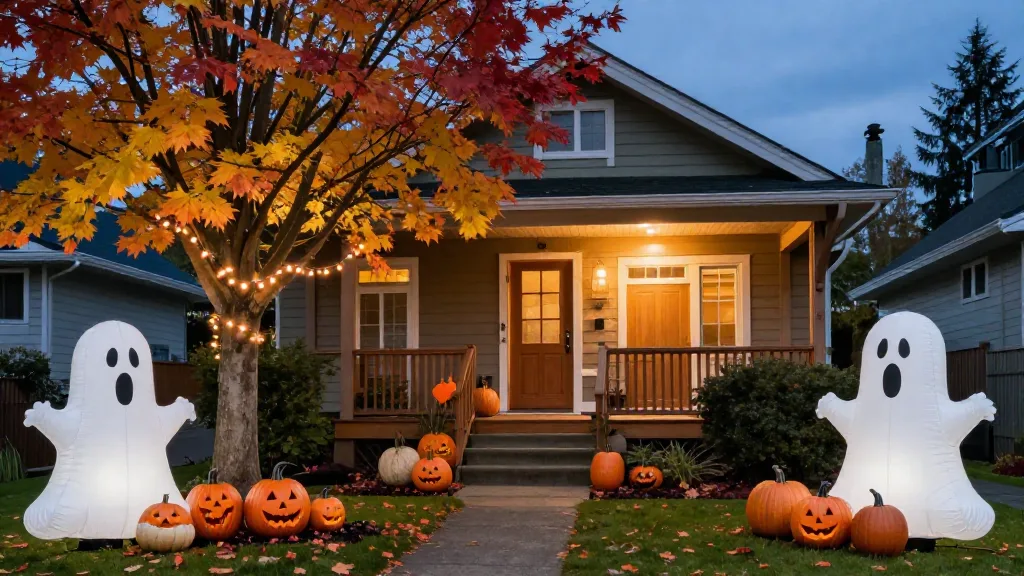 Front yard Halloween display with inflatable ghosts and pumpkins under a maple tree