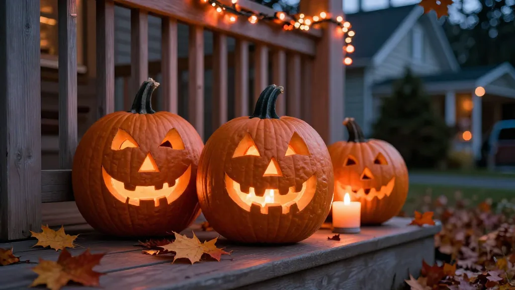Close view of carved jack-o-lanterns glowing on a porch railing