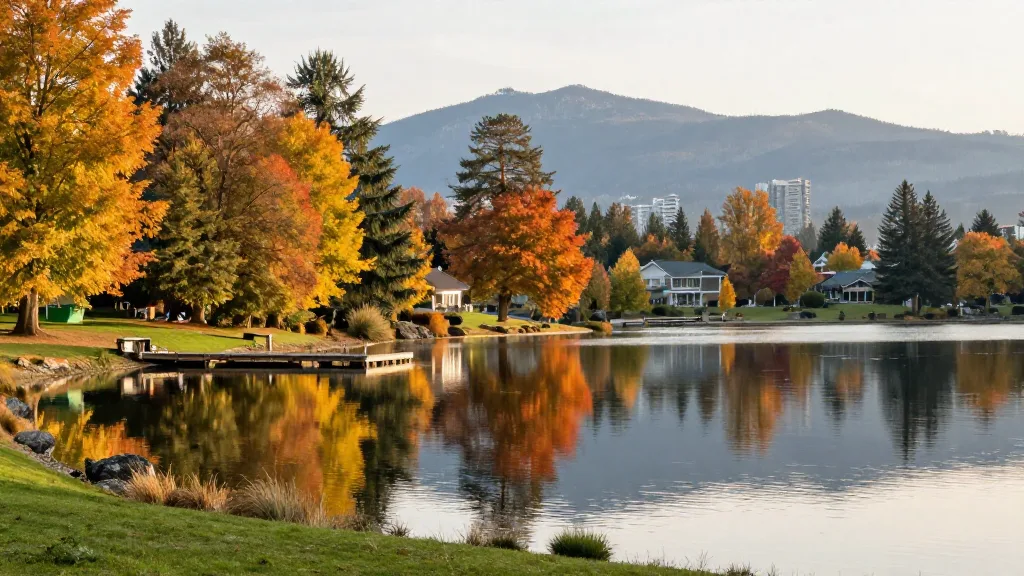 Trout Lake in East Vancouver with golden trees reflected and a wooden dock