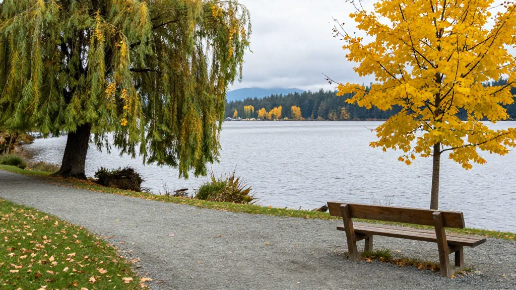 Lakeside path at Trout Lake with willows and fallen yellow leaves on a cloudy fall day