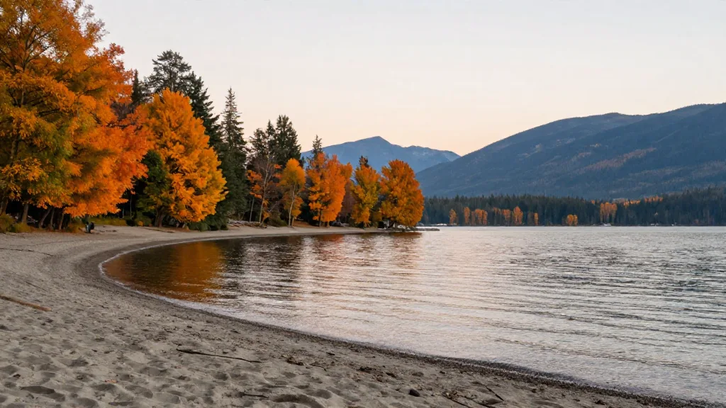 Sandy beach at Trout Lake with autumn colour and mountains in the distance