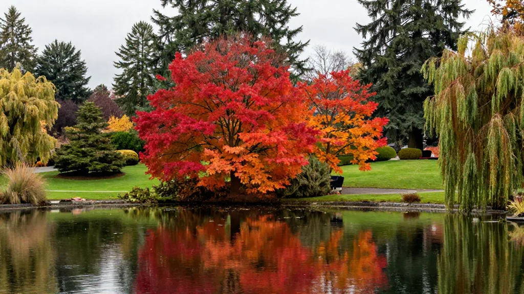 Lake and lawn at VanDusen Botanical Garden with brilliant red maples and reflections