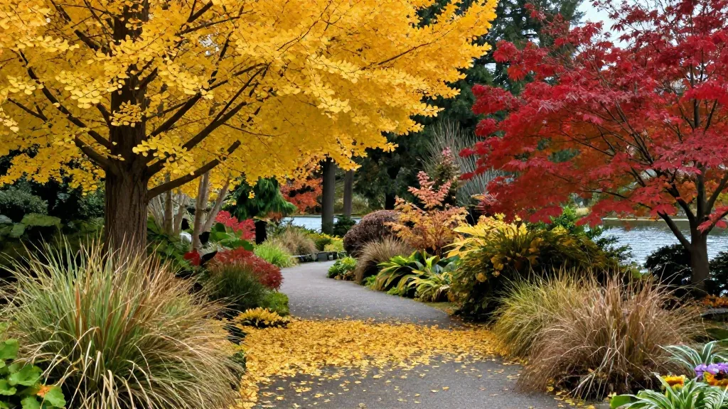 Winding garden path at VanDusen under golden ginkgo and maple trees